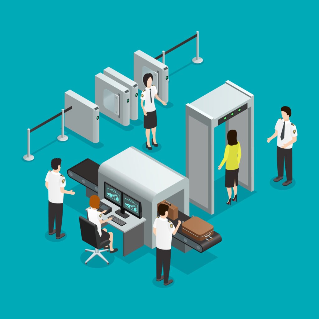 airport security check isometric composition poster